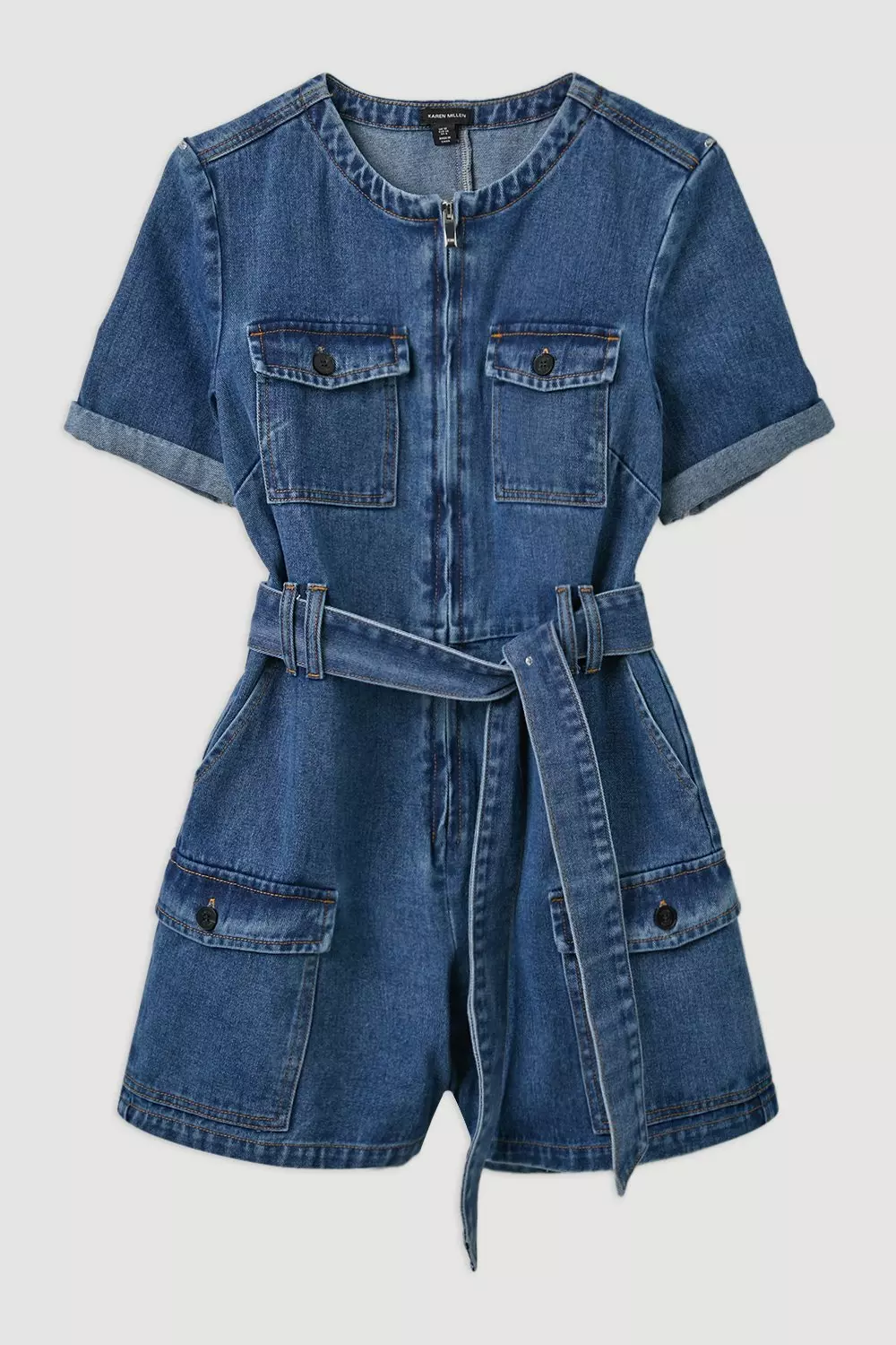 Denim Cargo Pocket Belted Romper | Karen Millen